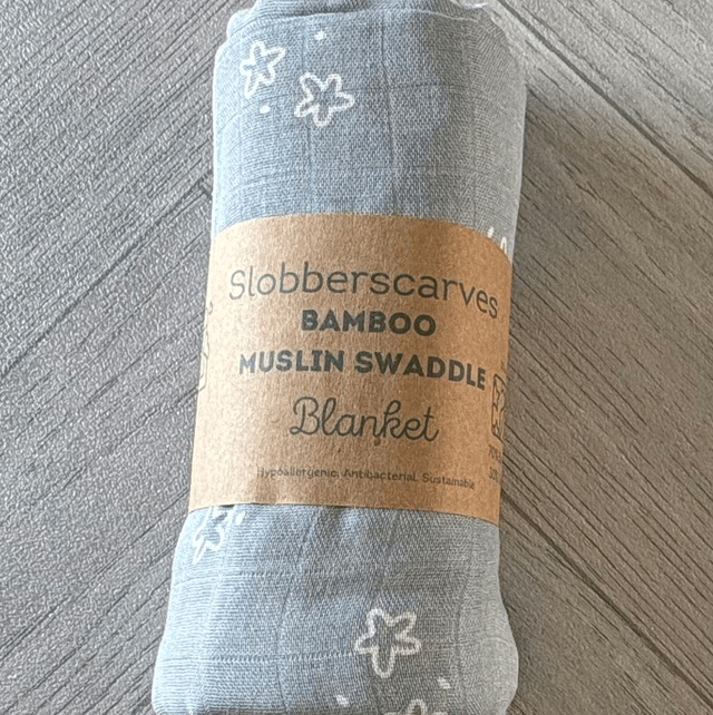 Blue Grey Stars Bamboo Muslin Swaddle Blanket 