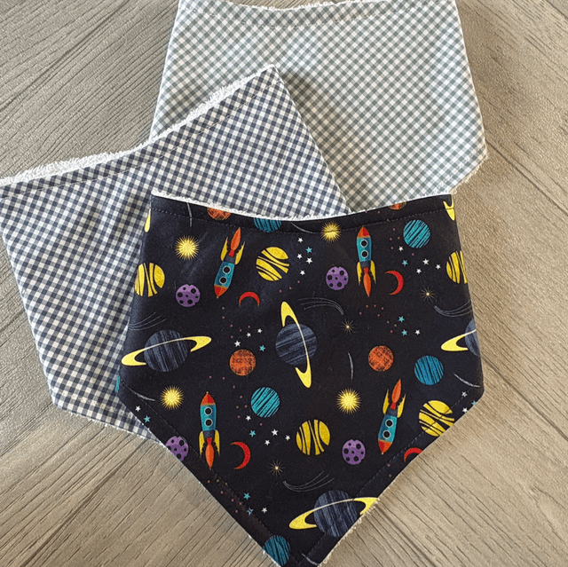 Three Pack Space &amp; Gingham Bamboo Bibs 