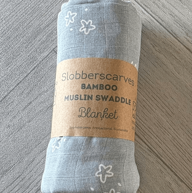 Blue Grey Stars Bamboo Muslin Swaddle Blanket 