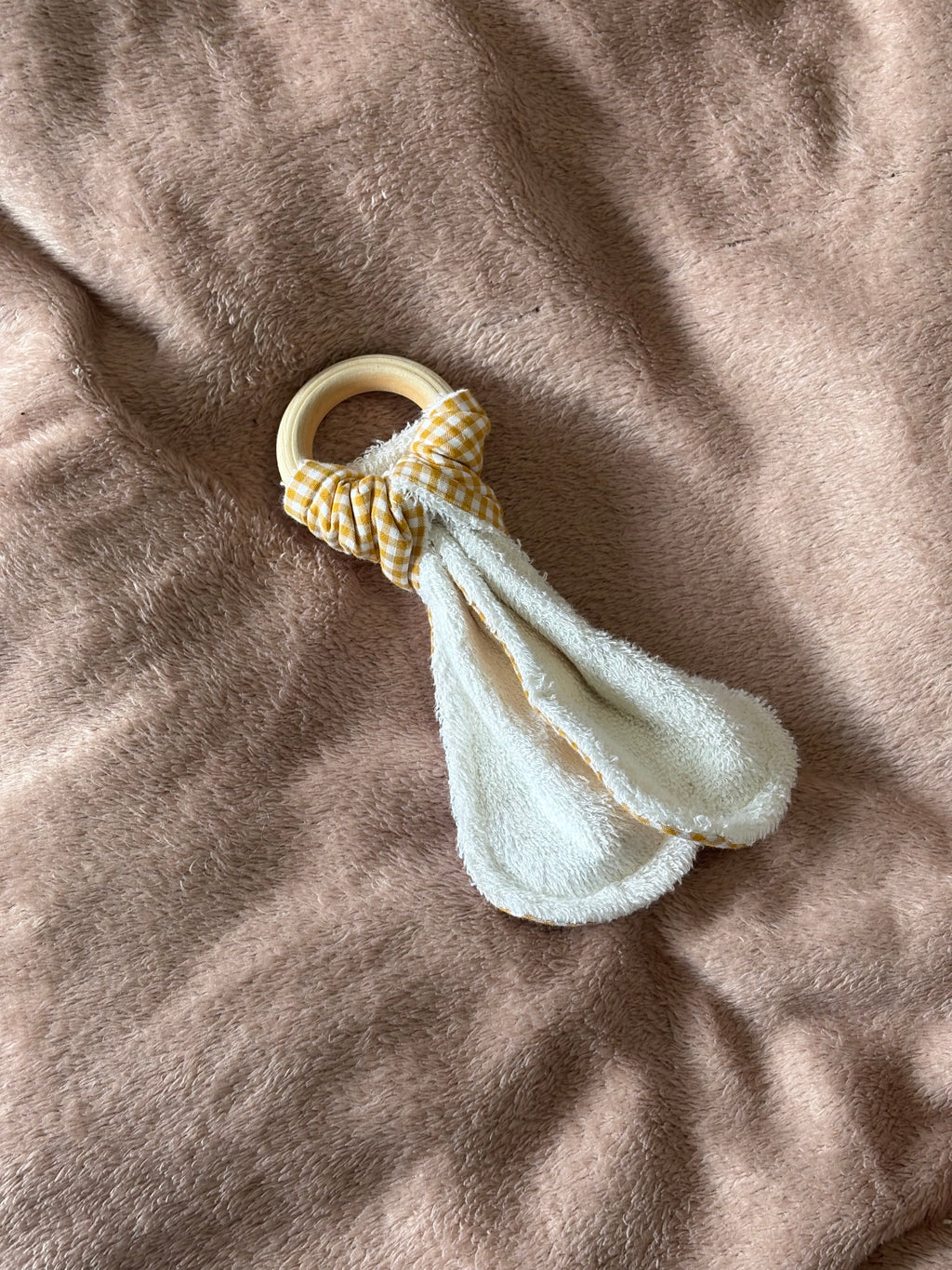 Yellow Gingham Wooden Teething Ring