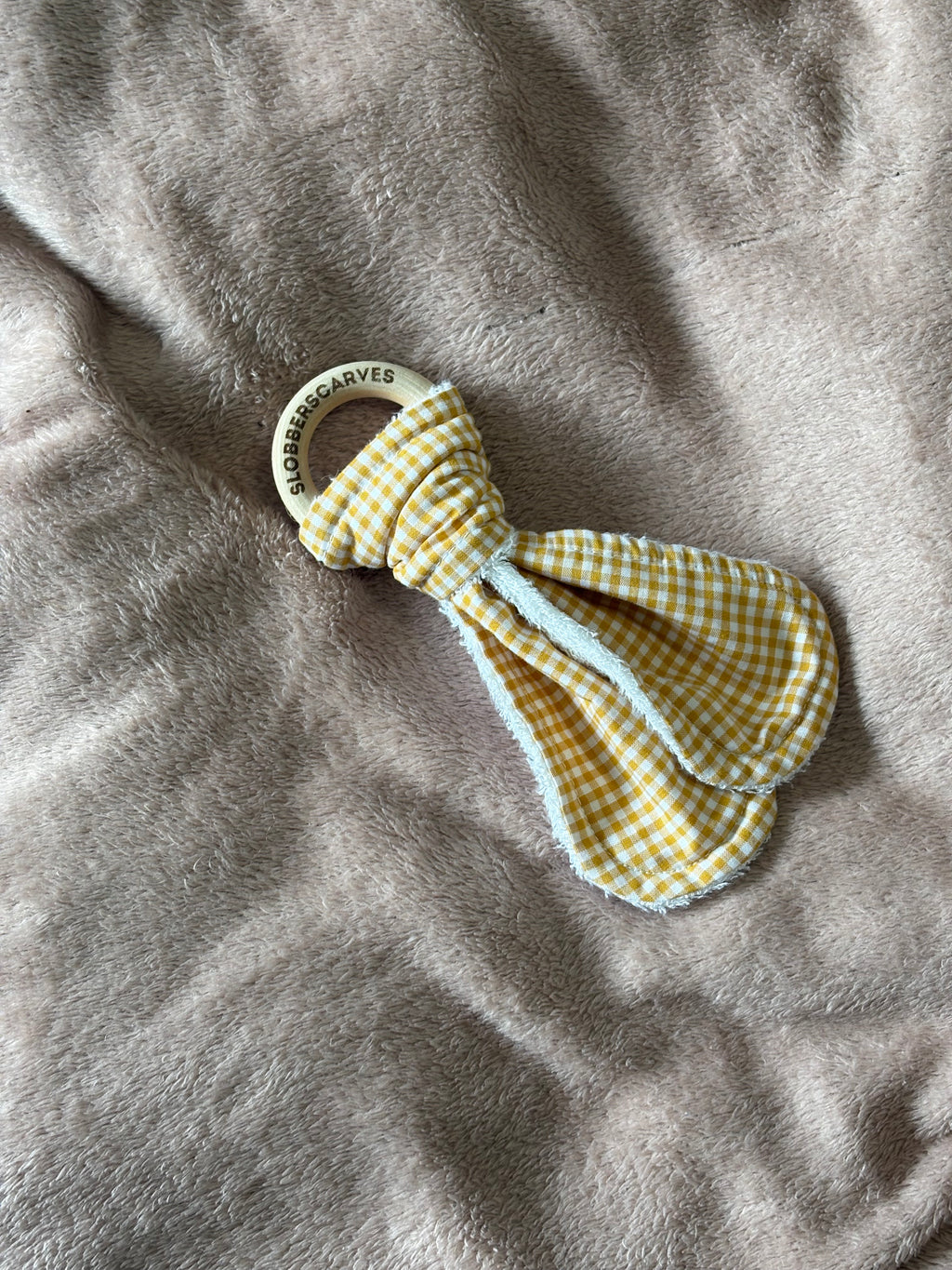 Yellow Gingham Wooden Teething Ring