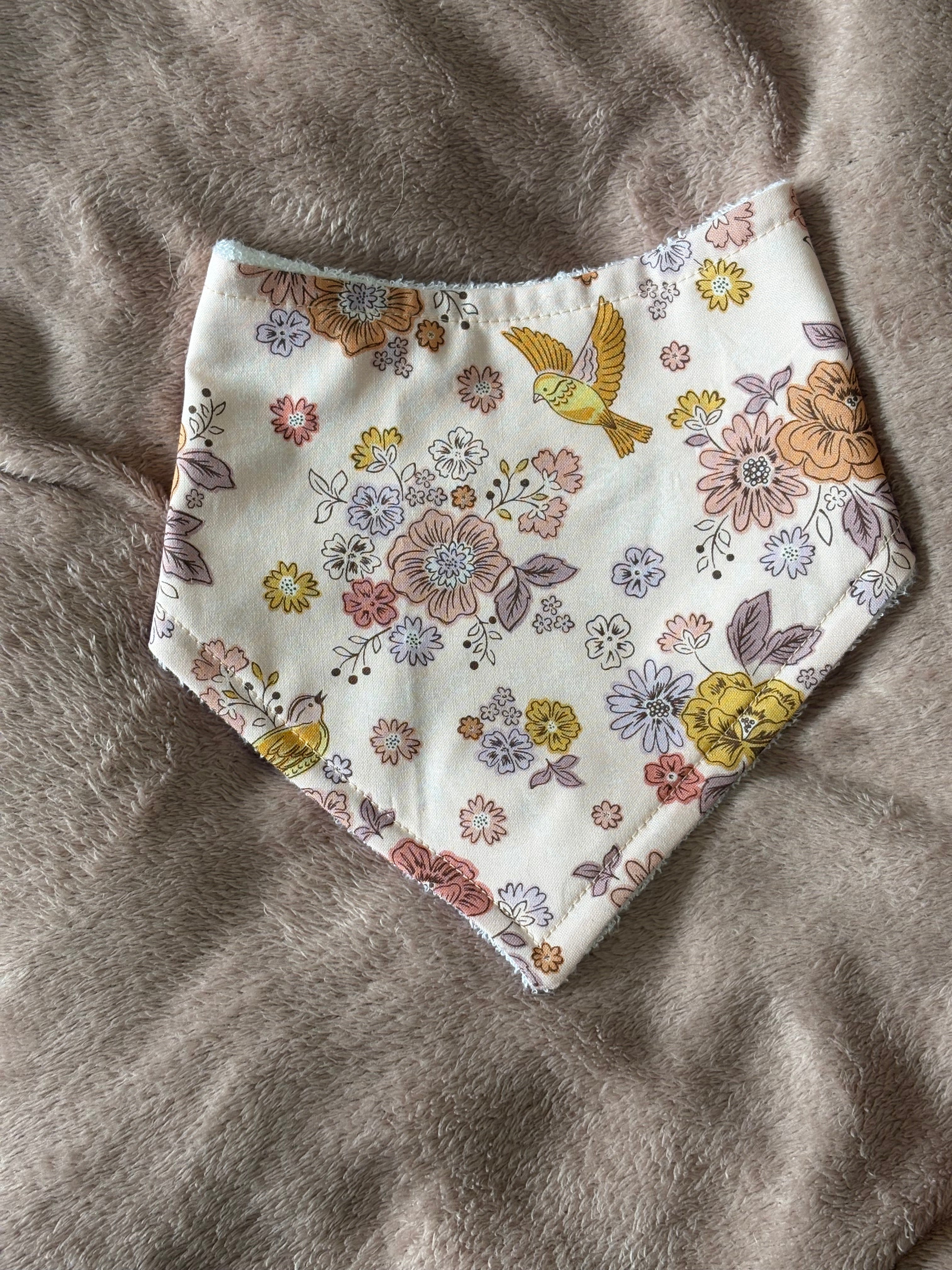 Peach Floral & Birds Bandana Style Bamboo Dribble Bib