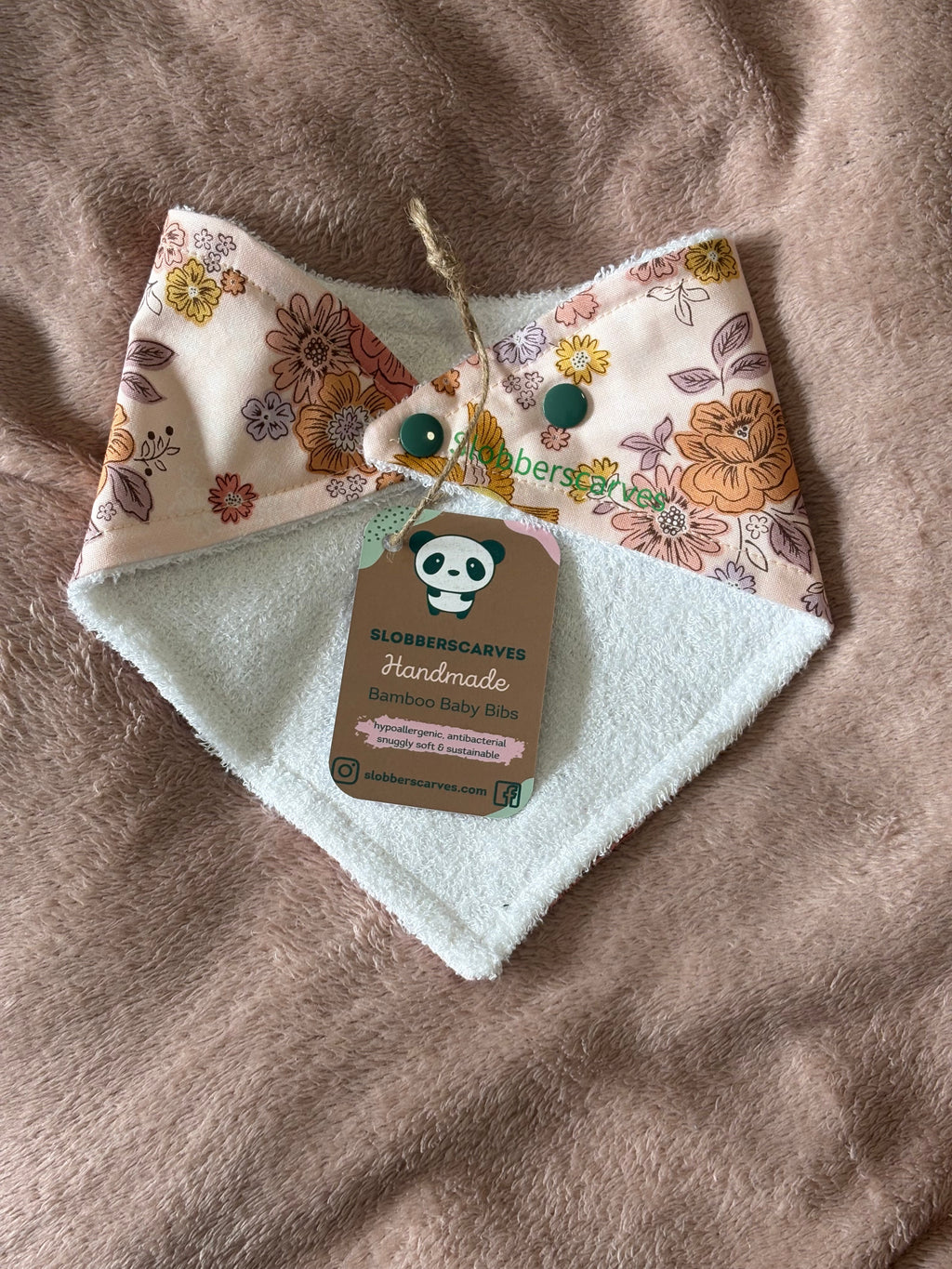 Peach Floral & Birds Bandana Style Bamboo Dribble Bib