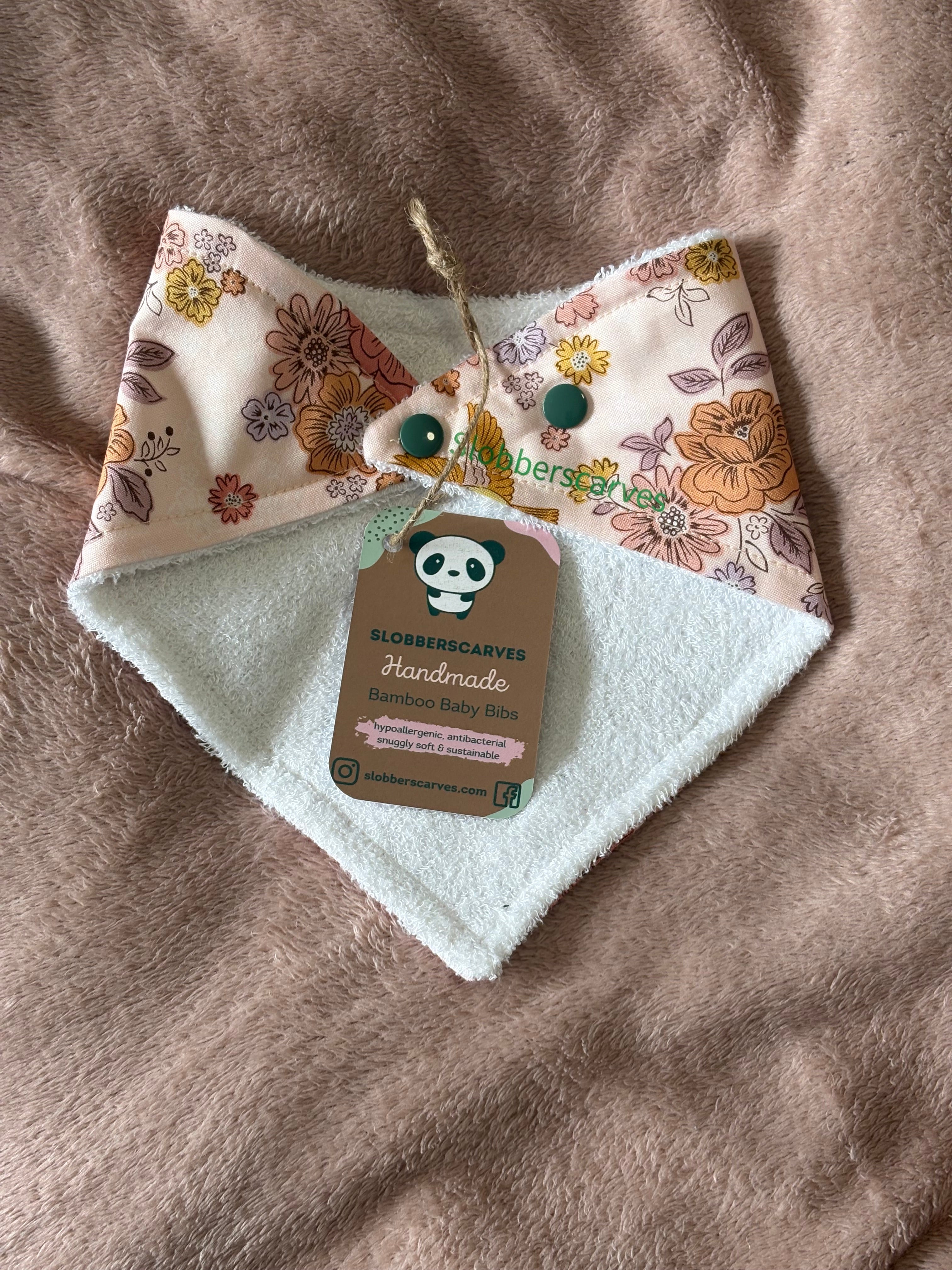 Peach Floral & Birds Bandana Style Bamboo Dribble Bib