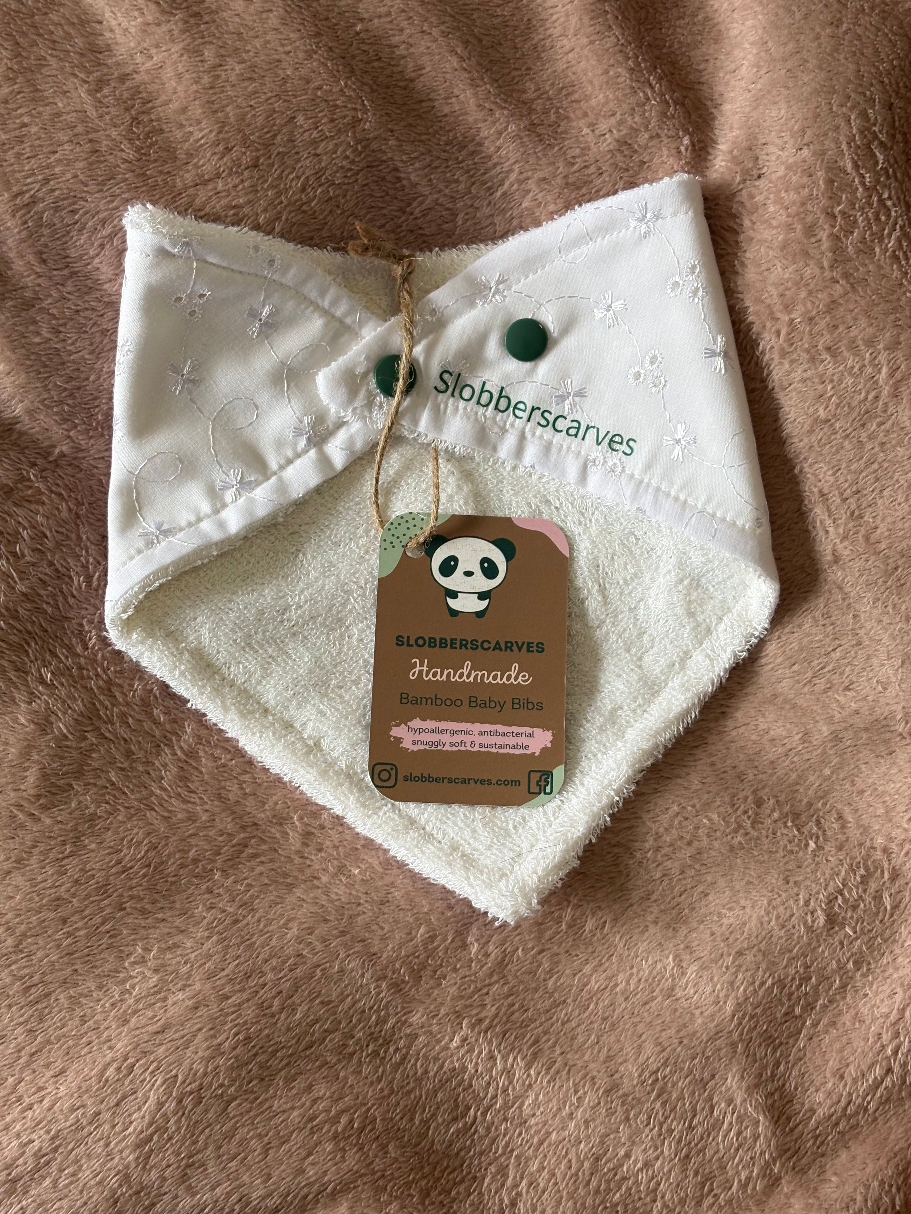 White Broiderie Anglais Bandana Style Bamboo Dribble Bib
