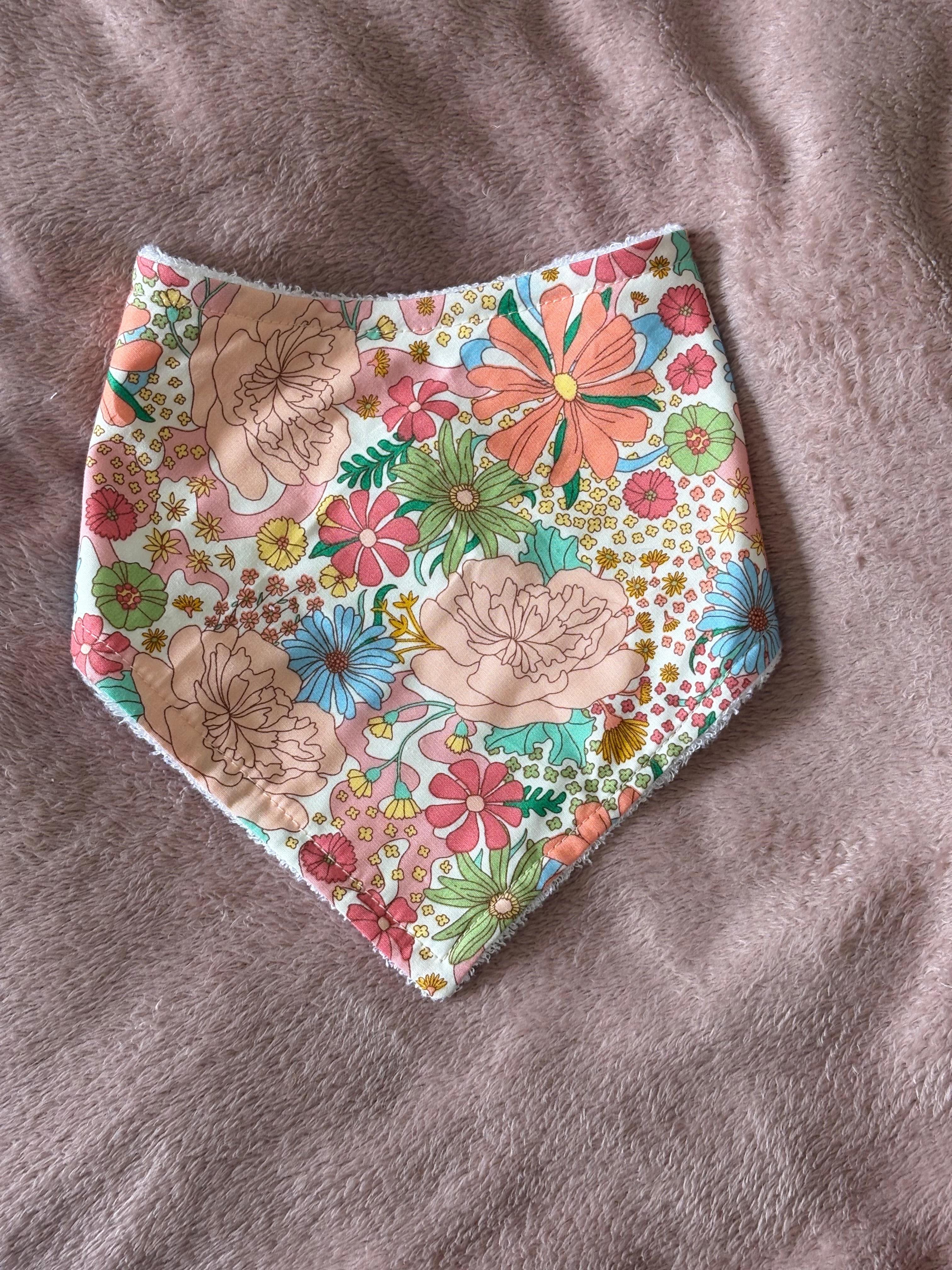 Peach Retro Flowers Bandana Style Bamboo Dribble Bib