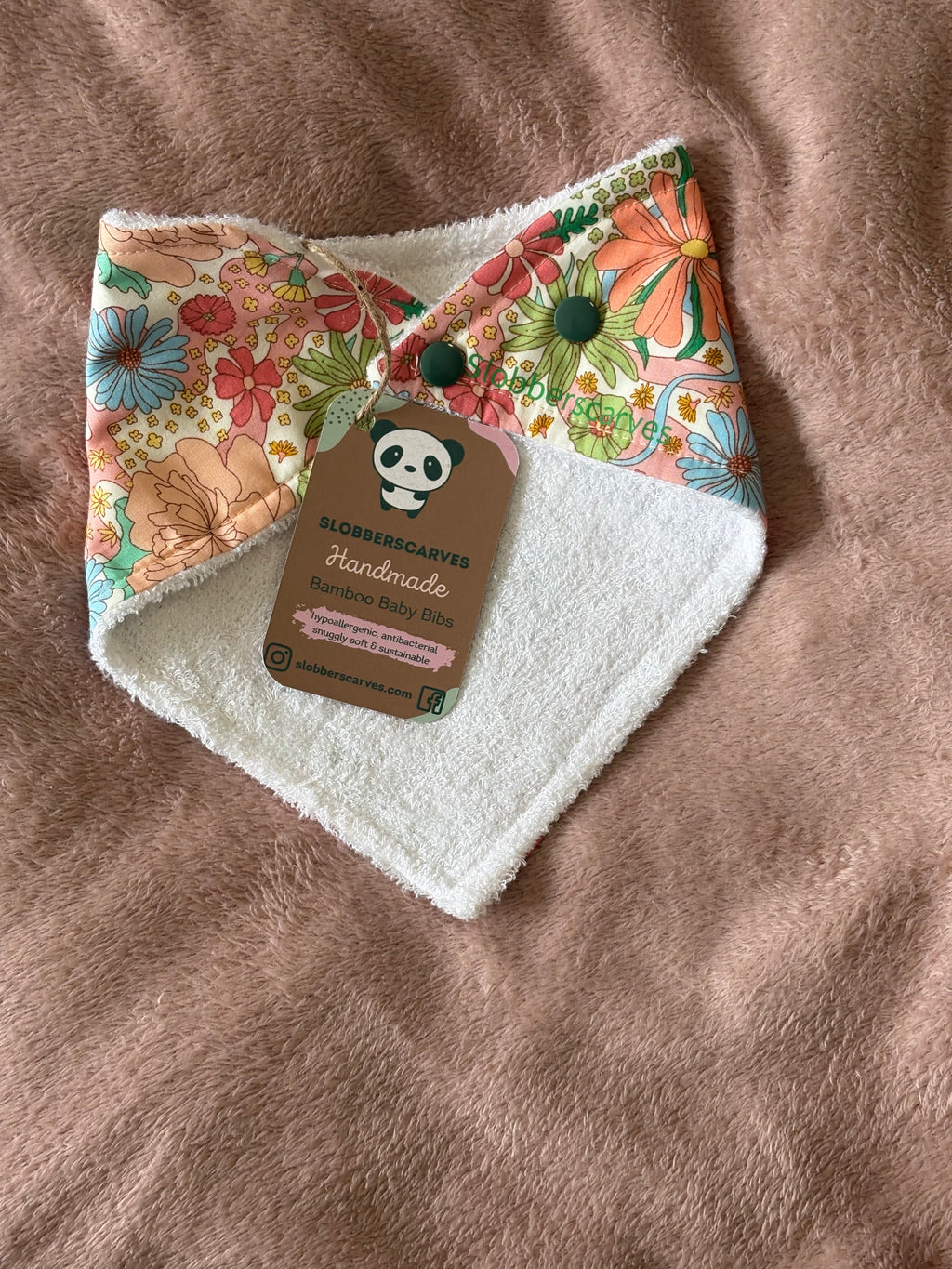 Peach Retro Flowers Bandana Style Bamboo Dribble Bib