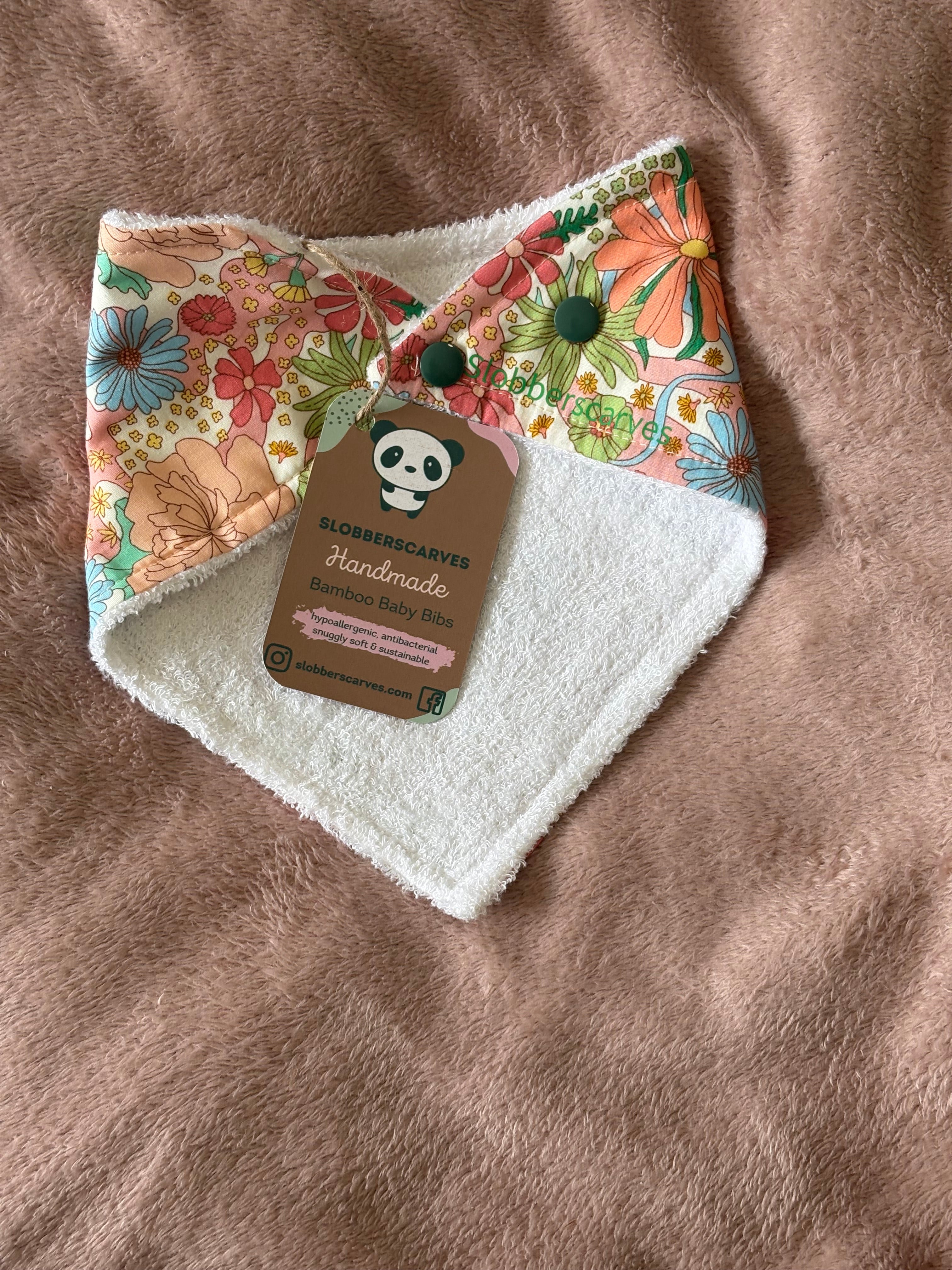 Peach Retro Flowers Bandana Style Bamboo Dribble Bib