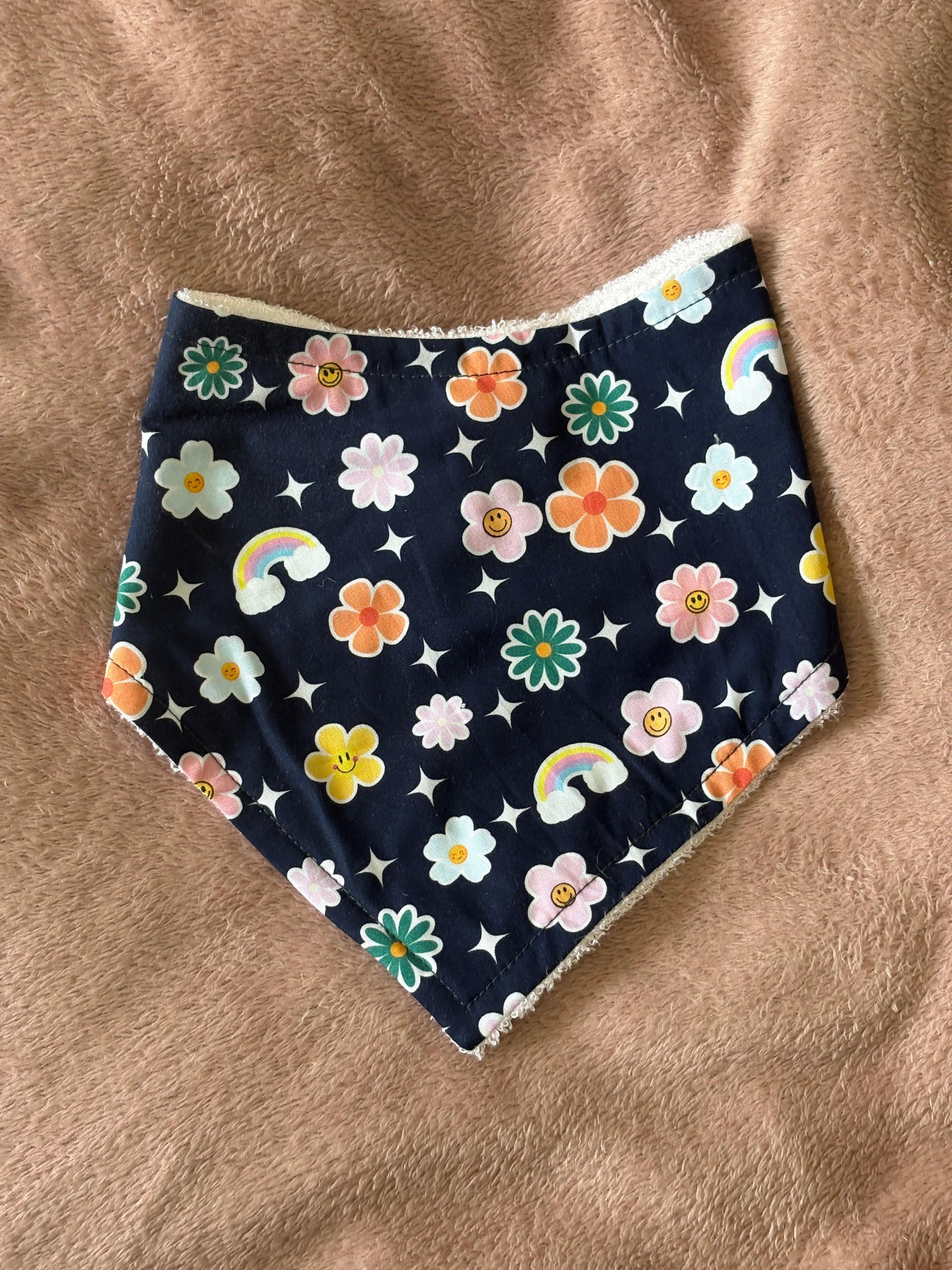 Navy Flowers & Rainbows Bandana Style Bamboo Dribble Bib