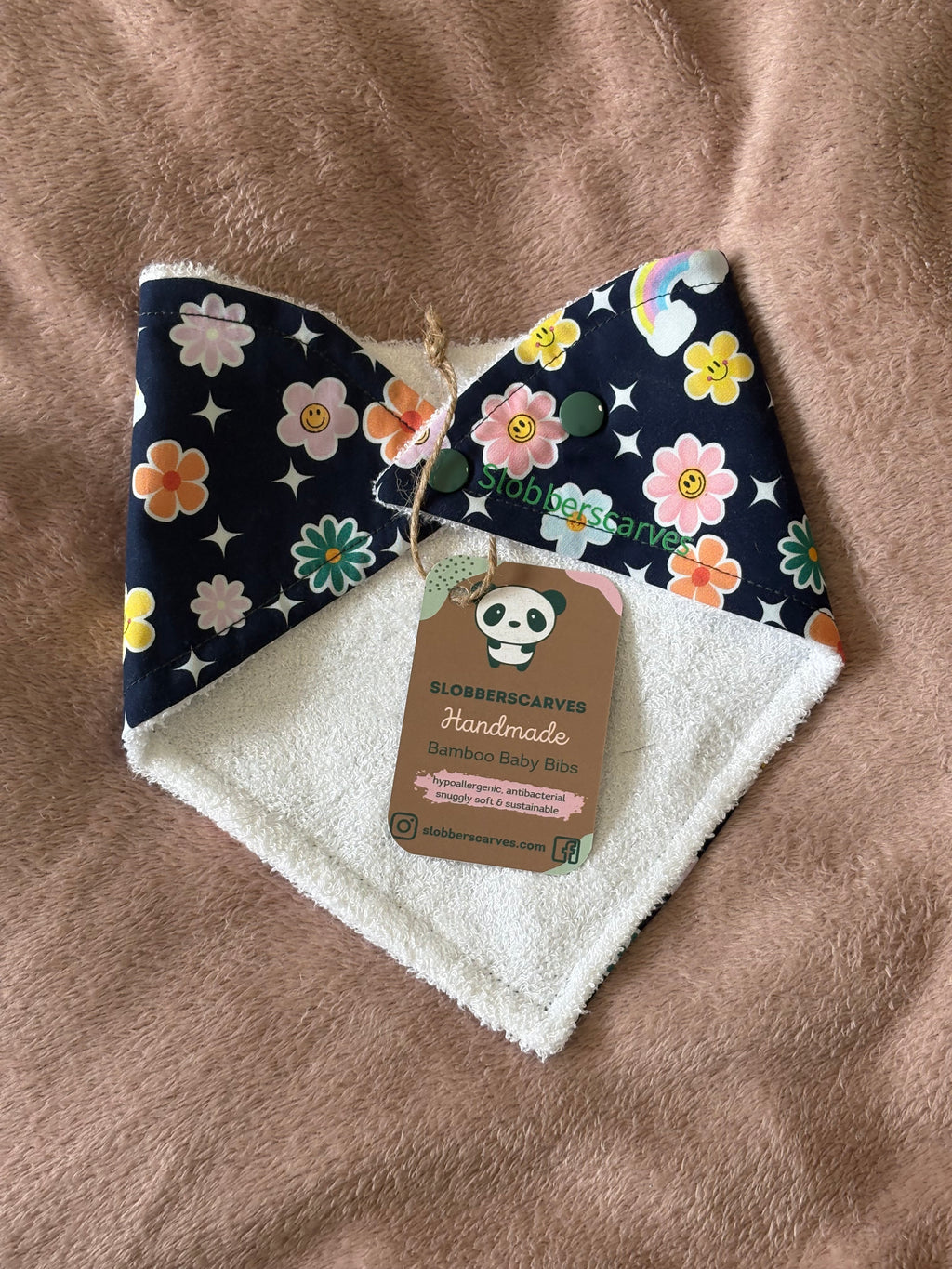 Navy Flowers & Rainbows Bandana Style Bamboo Dribble Bib