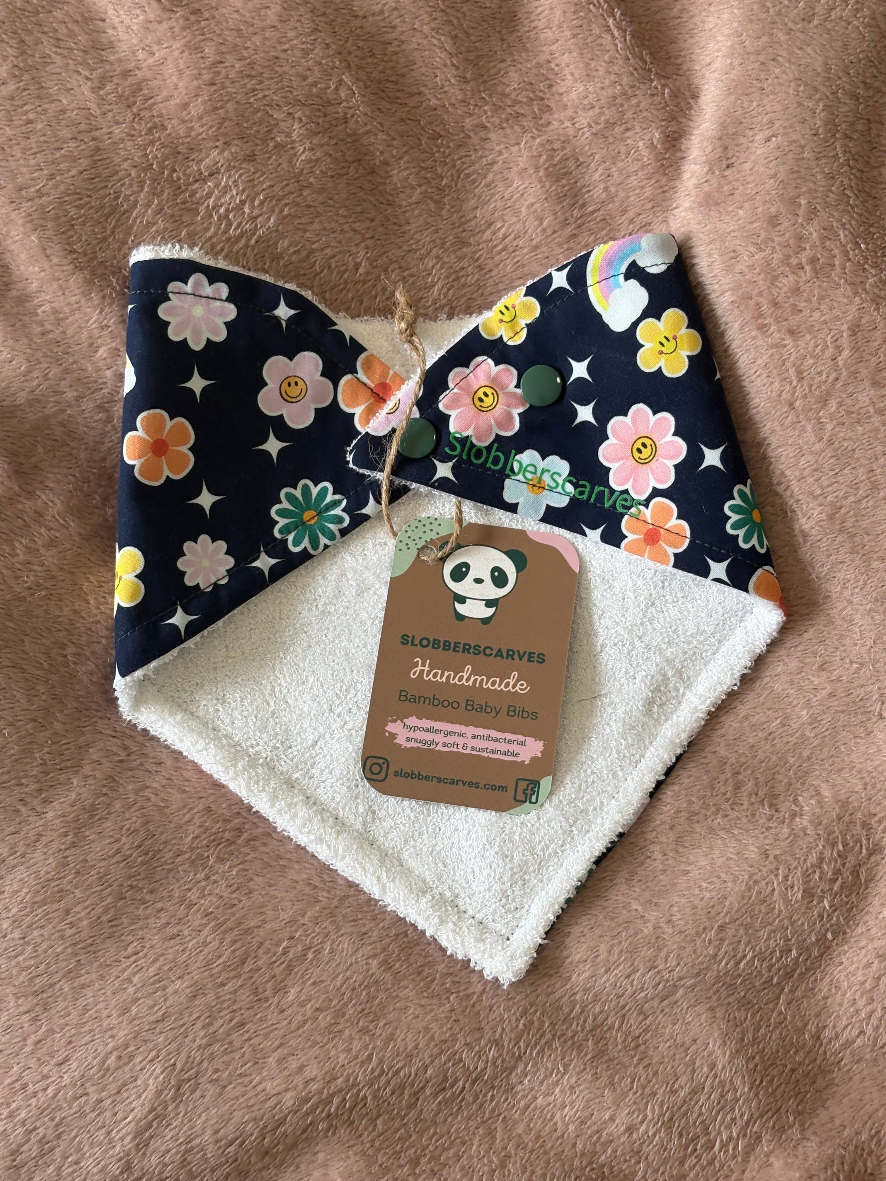 Navy Flowers & Rainbows Bandana Style Bamboo Dribble Bib